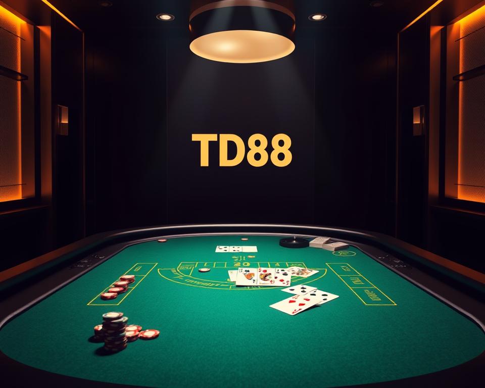 A dimly lit Blackjack (Xì Dách) table in a sleek virtual casino branded as TD88, with a realistic green felt surface, scattered casino chips in various denominations, and a deck of cards fanned out across the table. The table is surrounded by a luxurious, moody atmosphere, with soft lighting creating dramatic shadows and highlights, drawing the viewer's attention to the key elements of the game. The interface is clean and modern, with subtle branding elements that complement the sophisticated setting. The overall scene conveys the potential for strategic mistakes and missed opportunities that players must navigate when playing Blackjack at TD88.