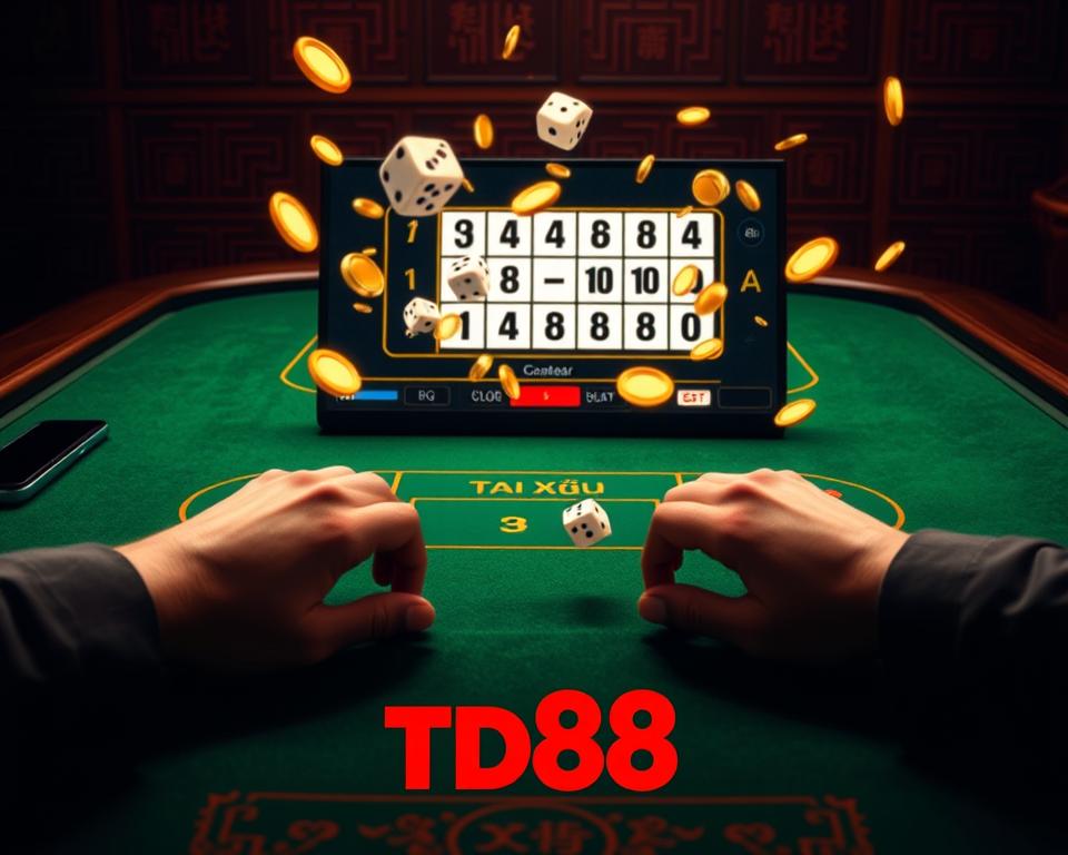 A dimly lit casino table, the green felt surface contrasting with the rich wood paneling. On the table, a digital display showcases the iconic Tài Xỉu game interface, dice tumbling and rolling, accompanied by a shower of gleaming golden coins. The player's hands rest on the table, anticipation etched on their face as they await the outcome, the &amp;quot;TD88&amp;quot; logo prominently displayed. Soft, warm lighting creates an inviting atmosphere, hinting at the thrill and potential rewards of this engaging online game.