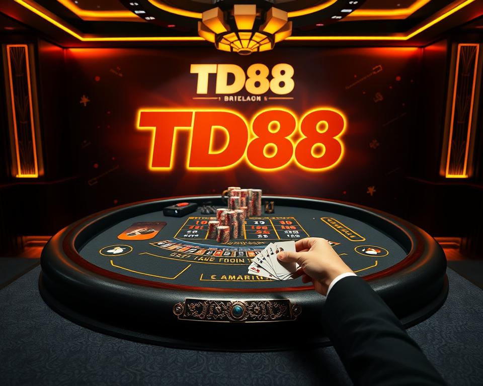 A dimly lit, high-end virtual casino table with a TD88 branding backdrop. On the table, a realistic Blackjack (Xì Dách) setup features a stylish interface, stacks of colorful casino chips, and a dealer's hand holding playing cards. The scene exudes an air of sophisticated gaming, with warm lighting casting subtle shadows across the table's polished surface. The focus is on carefully managing one's budget, as the player navigates the thrills and risks of this classic card game.