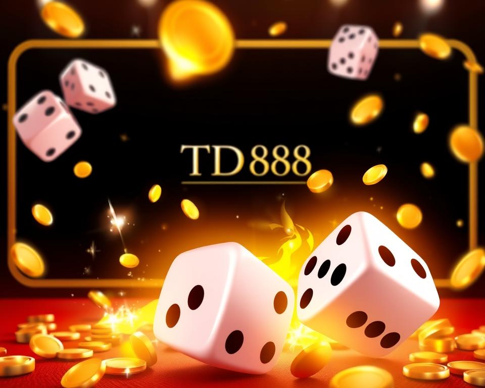 A visually striking scene of a Tài Xỉu game interface at the online casino TD88. The foreground showcases a pair of dice rolling and tumbling, with vibrant win effects like flashing lights and a golden coin shower cascading around them. The middle ground features the elegant TD88 branding, highlighted by a sleek, minimalist design. The background subtly suggests a high-end, luxurious atmosphere, with a subtle gradient and subtle textures conveying a sense of exclusivity and premium quality. The overall mood is one of excitement and anticipation, capturing the thrill of playing Tài Xỉu at TD88.